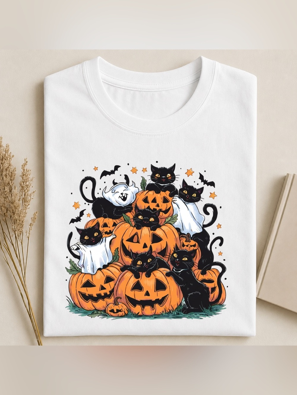 White Spooky Purrfect Halloween Cat & Pumpkin Tee - Vintage For Unisex
